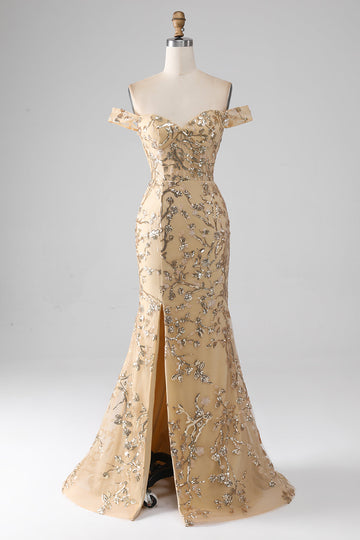 Mermaid Off The Shoulder Golden Long Beaded Ball Dress with Slit